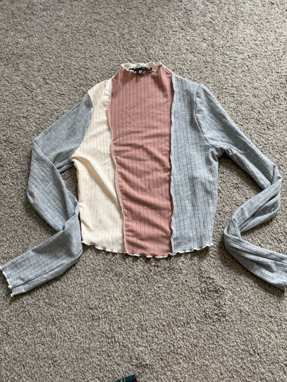 Missguided Pink, Cream & Gray Colorblock Ribbed Long-Sleeve Top